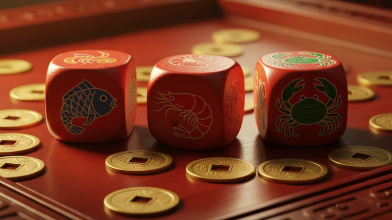Traditional Hoo Hey How fish prawn crab dice game with painted wooden dice and scattered gold coins on red lacquered table.