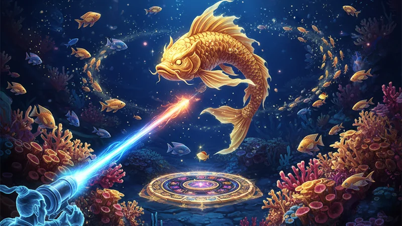 Cinematic dark ocean scene with golden glowing royal fish and laser beam for a luxury Asian fish hunting online casino game.